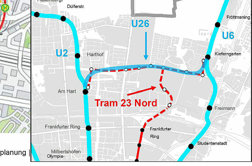 Zwischen den U-Bahnhaltestellen Am Hart (U 2) und Kieferngarten (U 6): So könnte die neue &bdquo;U 26&ldquo; verlaufen.
