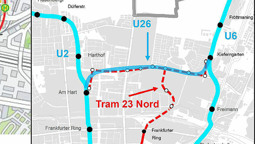 Zwischen den U-Bahnhaltestellen Am Hart (U 2) und Kieferngarten (U 6): So könnte die neue „U 26“ verlaufen. Zwischen den U-Bahnhaltestellen Am Hart (U 2) und Kieferngarten (U 6): So könnte die neue „U 26“ verlaufen.