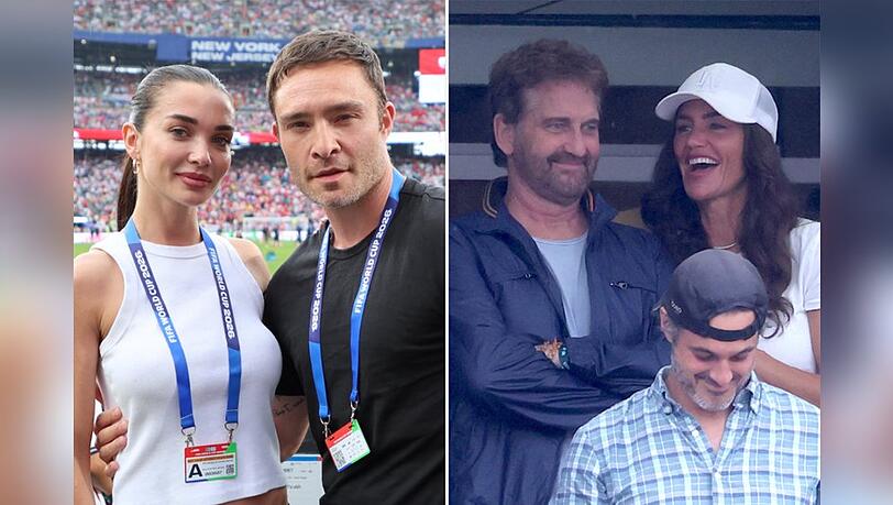 V.l.: Ed Westwick und Amy Jackson sowie Gerard Butler und Morgan Brown im Stadion.