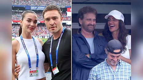 V.l.: Ed Westwick und Amy Jackson sowie Gerard Butler und Morgan Brown im Stadion.