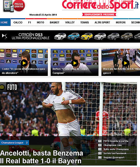 Corriere dello Sport: "Benzema reicht. Madrid schlägt Bayern mit 1:0."