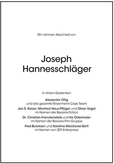 Mit dieser Traueranzeige in der "SZ" verabschieden sich Kollegen von Joseph Hannesschläger.