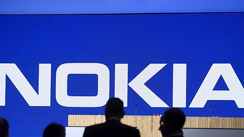 Der Schriftzug von Nokia bei der Jahreshauptversammlung des Unternehmens.