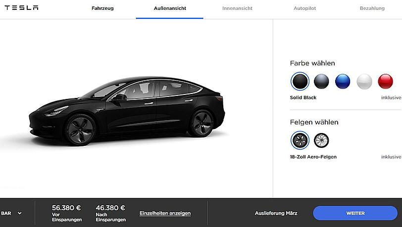 Die "Long Range"-Version des Model 3 in Schwarz kostet mindestens 56.380 Euro. Die "Long Range"-Version des Model 3 in Schwarz kostet mindestens 56.380 Euro.