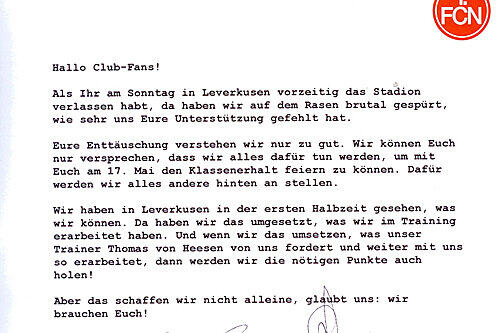 In einem offenen Brief bitten die Spieler die Fans um Unterstützung.