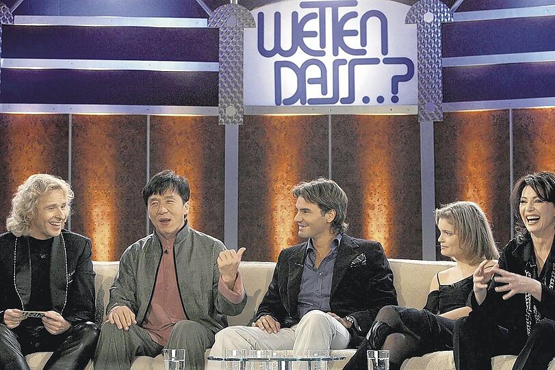 Damals klappte alles: Im Dezember 2004 hatte Thomas Gottschalk die Stargäste Jackie Chan, Roger Federer, Sarah Biasini und Iris Berben (v. li.) in Nürnberg zu Gast.