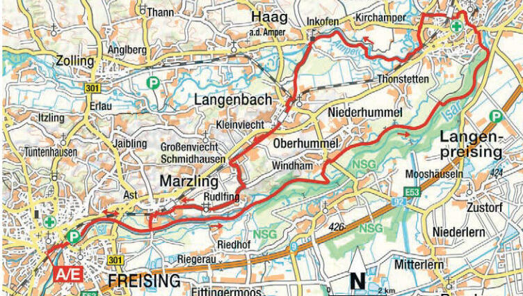 Von Freising nach Moosburg: Die Tour auf der Karte. Von Freising nach Moosburg: Die Tour auf der Karte.