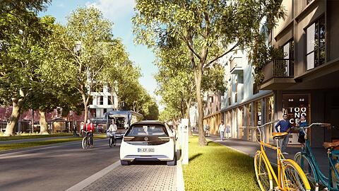 Ein Carsharing-Auto an der E-Zapfsäule, viele Bäume und Platz für Radler: So soll das Viertel an der Elly-Staegmeyr-Straße bald aussehen.