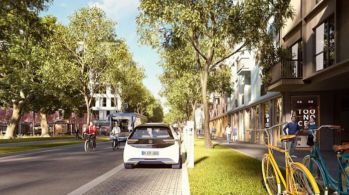 Ein Carsharing-Auto an der E-Zapfsäule, viele Bäume und Platz für Radler: So soll das Viertel an der Elly-Staegmeyr-Straße bald aussehen.