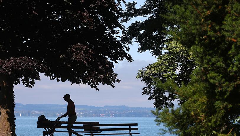 Ein Mann schiebt bei sonnigem Wetter einen Kinderwagen am Ufer des Bodensees.