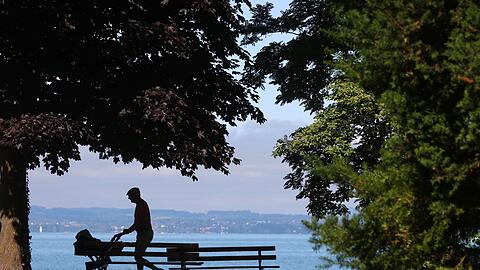 Ein Mann schiebt bei sonnigem Wetter einen Kinderwagen am Ufer des Bodensees.
