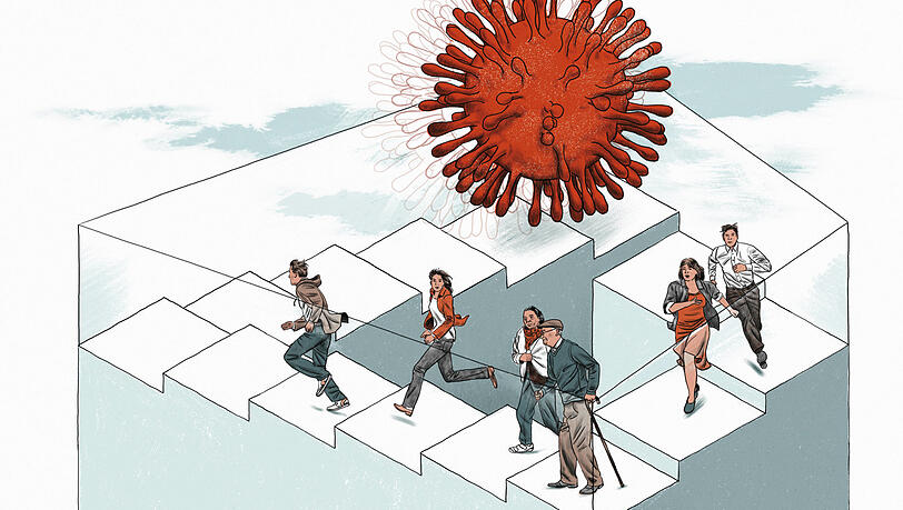 Ähnlich wie bei M. C. Escher: Menschen versuchen, über eine endlose Treppe dem Coronavirus zu entkommen. Ähnlich wie bei M. C. Escher: Menschen versuchen, über eine endlose Treppe dem Coronavirus zu entkommen.