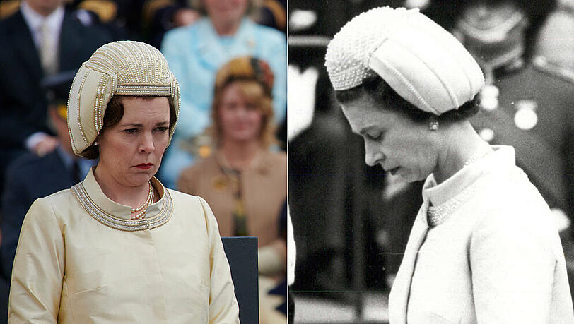 Links: Olivia Colman als Queen Elizabeth II. in "The Crown", rechts: die echte Königin 1969 in Wales Links: Olivia Colman als Queen Elizabeth II. in "The Crown", rechts: die echte Königin 1969 in Wales