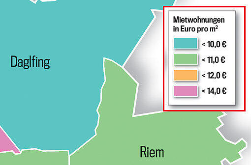 So teuer ist Wohnen in München! Die Münchner Stadtviertel sind in dieser Grafik je nach Quadratmeterpreis eingefärbt. Klicken Sie einfach durch die Quartiere.