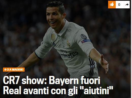 "La Gazzetta dello Sport" schreibt: CR7-Show, Real kommt mit ein bisschen Hilfe weiter.