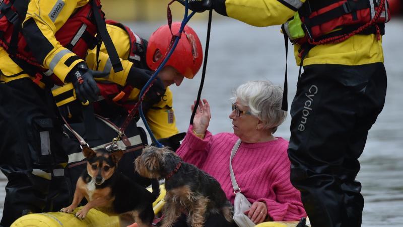 Rettungskräfte bringen eine Frau und ihre Hunde mit einem Schlauchboot in Sicherheit. Rettungskräfte bringen eine Frau und ihre Hunde mit einem Schlauchboot in Sicherheit.