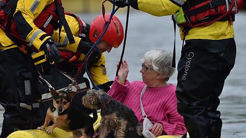 Rettungskräfte bringen eine Frau und ihre Hunde mit einem Schlauchboot in Sicherheit.