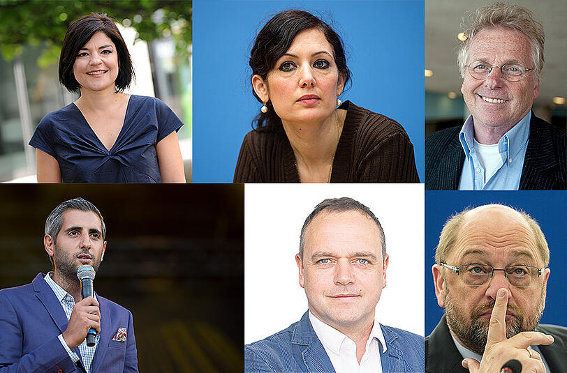 Schauspielerin Jasmin Tabatabai, Migrationsforscherin Naika Foroutan, Grünen-Legende Daniel Cohn-Bendit, Moderator Michel Abdollahi, AZ-Chefredakteur Michael Schilling und Martin Schulz nehmen an der Podiumsdiskussion teil.