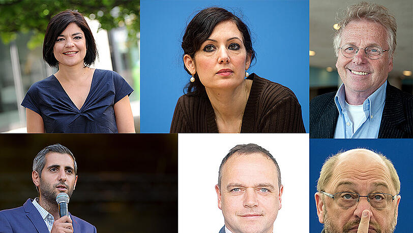 Schauspielerin Jasmin Tabatabai, Migrationsforscherin Naika Foroutan, Grünen-Legende Daniel Cohn-Bendit, Moderator Michel Abdollahi, AZ-Chefredakteur Michael Schilling und Martin Schulz nehmen an der Podiumsdiskussion teil. Schauspielerin Jasmin Tabatabai, Migrationsforscherin Naika Foroutan, Grünen-Legende Daniel Cohn-Bendit, Moderator Michel Abdollahi, AZ-Chefredakteur Michael Schilling und Martin Schulz nehmen an der Podiumsdiskussion teil.