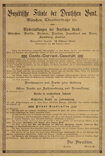 Werbemotiv 1895: Anfänge der "preußischen" Deutschen Bank in Bayern