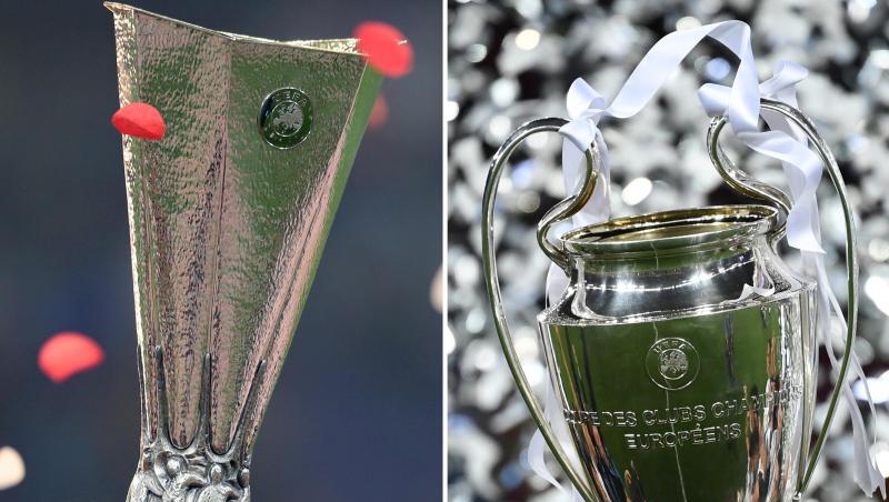 Die Pokal der Europa League (l) und der Champions League. Die Pokal der Europa League (l) und der Champions League.