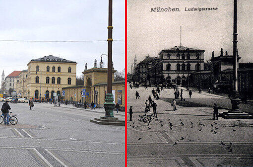 Ein Sahnestück unter den Münchner Stadtansichten: Sogar die Fahnenmasten stehen am Odeonsplatz noch an Ort und Stelle &ndash; vom Tambosi und der prachtvollen Ludwigstraße gar nicht zu reden.