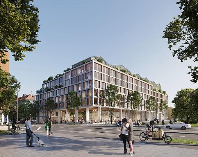 Ansicht von der Elisabeth-/Ecke Schleißheimer Straße. Die Bäume an der Straße sind ein Vorschlag der Architekten.