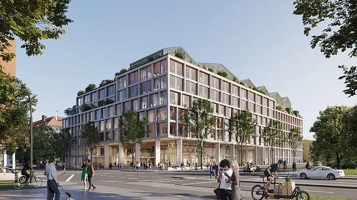 Ansicht von der Elisabeth-/Ecke Schleißheimer Straße. Die Bäume an der Straße sind ein Vorschlag der Architekten.
