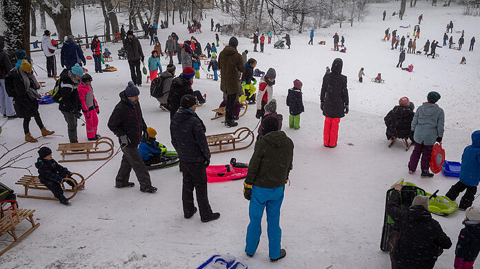 Ein Bild vom vergangenen Feiertag am 6. Januar: Viele Münchner beim Rodeln in den Maximiliansanlagen.