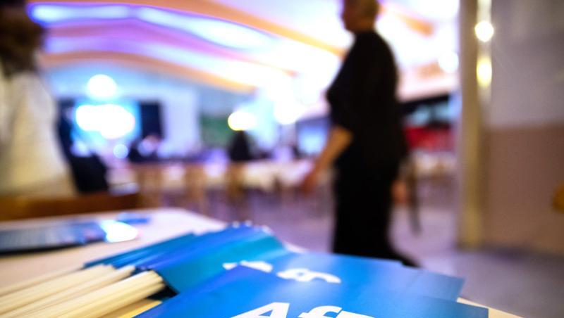 Fähnchen mit dem Logo der AfD liegen beim Landesparteitag der AfD Bayern auf einem Tisch. Foto: Daniel Karmann Fähnchen mit dem Logo der AfD liegen beim Landesparteitag der AfD Bayern auf einem Tisch. Foto: Daniel Karmann