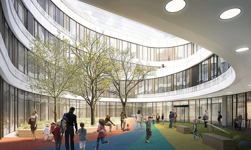 Vier Innenhöfe sorgen für viel Tageslicht. Die Architekten wollten eine helle, freundliche Atmosphäre für die Kinder schaffen.