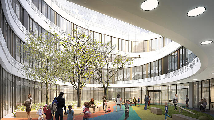 Vier Innenhöfe sorgen für viel Tageslicht. Die Architekten wollten eine helle, freundliche Atmosphäre für die Kinder schaffen.