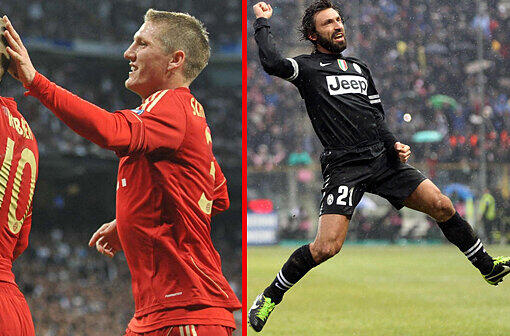 SCHWEINSTEIGER - PIRLO: &bdquo;Zwei Weltklasse-Akteure, die ihre Mittelfeld-Chefrolle ganz anders interpretieren. Pirlo liest wie kein Zweiter das Spiel ist immer einen Schritt voraus. Schweinsteiger ist der unumstrittene Bayern-Souverän. Ein tolles Duell &ndash; Wertung unentschieden.&ldquo; Stand: 3,5:3,5