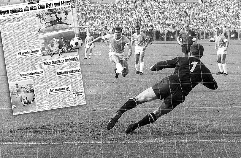 Rudi Brunnenmeier versenkt den Elfmeter zum 1:0 - lesen Sie hier den Original-Artikel der AZ vom 22.August 1965!