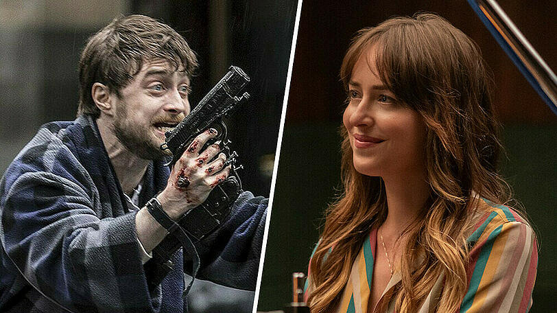Daniel Radcliffe in "Guns Akimbo" und Dakota Johnson in "The High Note".