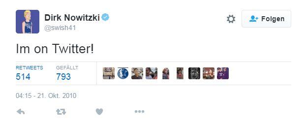 Basketball-Star Dirk Nowitzki fasste sich bei seinem ersten Tweet kurz. Er ließ seine Fans lediglich wissen: "Ich bin jetzt bei Twitter!"