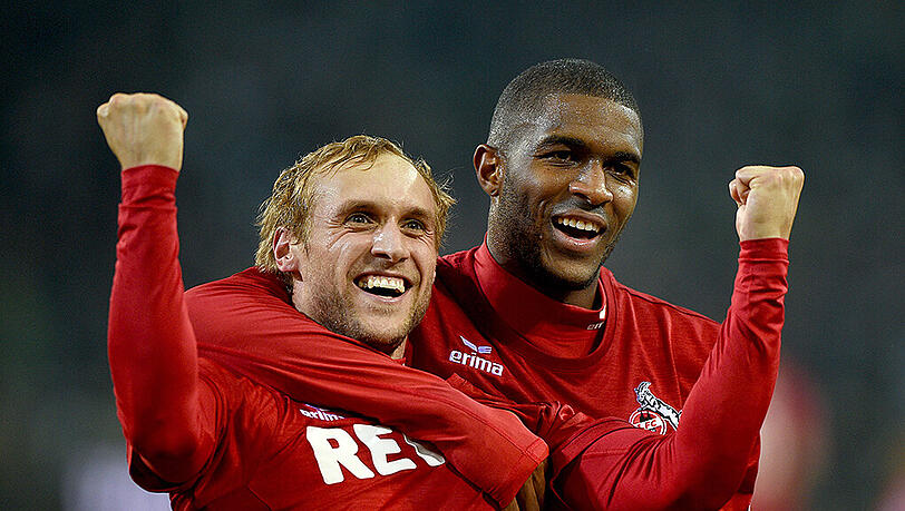 Kölns Marcel Risse (links) jubelt mit seinem Teamkollegen Anthony Modeste über seinen Treffer zum 2:1 bei Borussia Mönchengladbach. Kölns Marcel Risse (links) jubelt mit seinem Teamkollegen Anthony Modeste über seinen Treffer zum 2:1 bei Borussia Mönchengladbach.