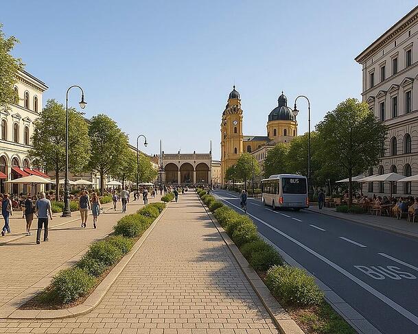 Nur noch zwei Autospuren statt sechs, auf denen vor allem Busse fahren. Mehr B&auml;ume, etwa vor dem Tambosi. Und viel Promenade-Platz f&uuml;r Fu&szlig;g&auml;nger und Radler. So k&ouml;nnten sich die M&uuml;nchner Gr&uuml;nen die Ludwigstra&szlig;e und den Odeonsplatz vorstellen. Das Bild hat eine KI erstellt.