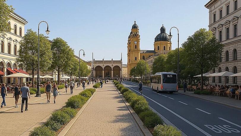 Nur noch zwei Autospuren statt sechs, auf denen vor allem Busse fahren. Mehr B&auml;ume, etwa vor dem Tambosi. Und viel Promenade-Platz f&uuml;r Fu&szlig;g&auml;nger und Radler. So k&ouml;nnten sich die M&uuml;nchner Gr&uuml;nen die Ludwigstra&szlig;e und den Odeonsplatz vorstellen. Das Bild hat eine KI erstellt.
