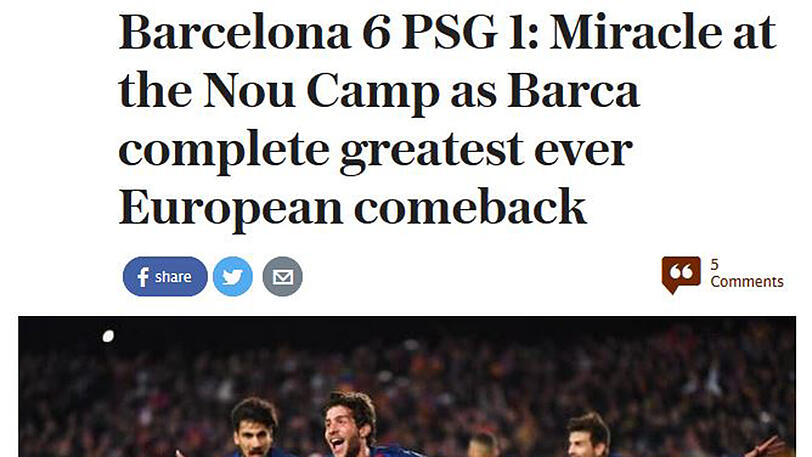 dailymail (Engalnd): "Wunder im Camp Nou. Barça zeigt das größte Europäischen Comeback der Geschichte"