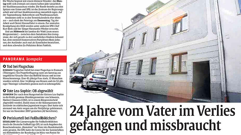 2008 - Das Verlies in Österreich: Ende April berichtet die AZ erstmals über das Unvorstellbare: In Amstetten hat Josef F. seine Tochter knapp 24 Jahre lang in einem unterirdischen Verlies gefangen gehalten. Er vergewaltigte sie vielfach und zeugte mit ihr insgesamt sieben Kinder. Der Fall sorgte für wochenlanges weltweites Aufsehen. F. wurde zu lebenslanger Haft verurteilt.