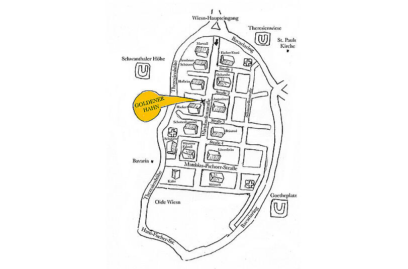 In der Wirtsbudenstraße findet man heuer auch den Goldenen Hahn.