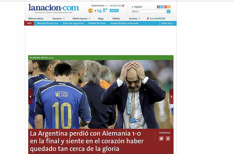 "Argentinien verliert gegen Deutschland mit 0:1 und fühlte sich im Herzen dem Ruhm schon so nah", schreibt sinngemäß die argentinische Lanacion.com
