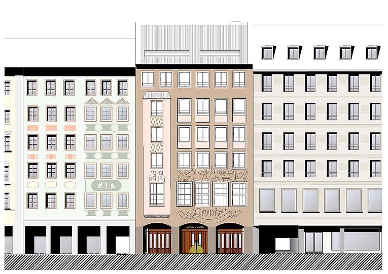 Donisl: Die Traditionswirtschaft in der Weinstraße 1 ist bereits entkernt und wird derzeit noch renoviert. Die Fassade soll behutsam in die Umgebung integriert werden, ein Laubenhof soll &bdquo;den Stadtraum in den Innenraum des Gebäudes erweitern.