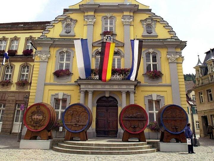 Das fahnengeschmückte Rathaus in Kulmbach. Foto: picture alliance/Marcus Führer/dpa/Archivbild