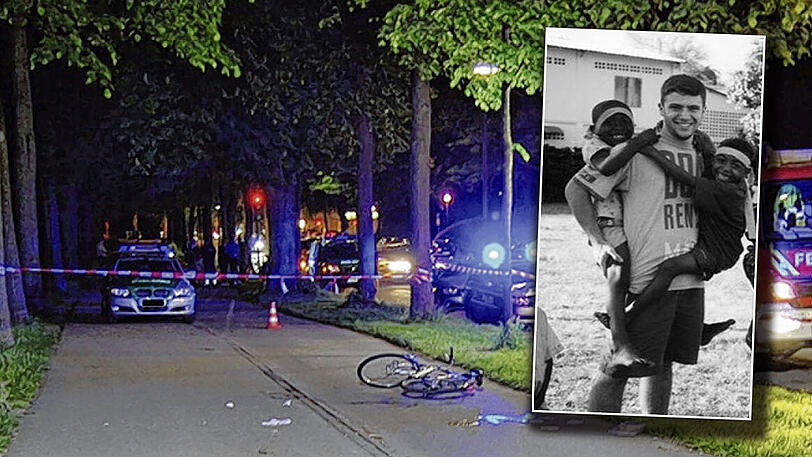 Der Tatort in der Erhardtstraße am 28. Mai 2013, kurz nach den tödlichen Messerstichen. Rechts befindet sich das Europäische Patentamt. Links ist die Isar und das Deutsche Museum. Domenico Lorusso wollte heim nach Haidhausen. Dort kam er nie an. Auf dem Asphalt zeugen Blutspuren neben seinem Rad von dem Verbrechen.