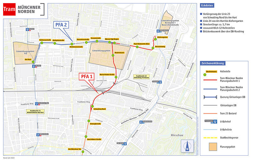 Für den ersten Planfeststellungsabschnitt der Tram Münchner Norden, die Verlängerung der Tram 23 von Schwabing Nord bis zum Kieferngarten besteht Baurecht. Der eigentliche Bau beginnt im Herbst.