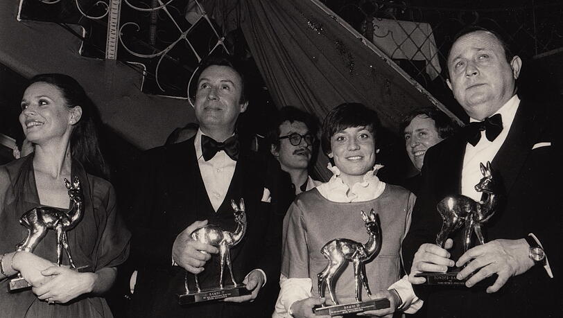 Im Showhimmel: Rosi Mittermaier bei der Bambi-Verleihung mit Peter Alexander (l.) und Au&szlig;enminister Hans-Dietrich Genscher.