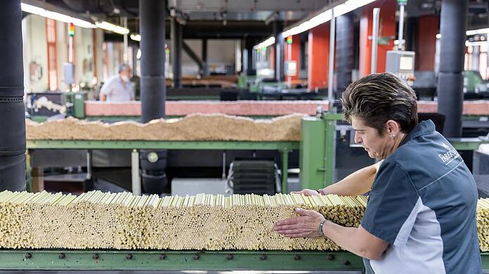 Eine Mitarbeiterin des Schreibwaren-Herstellers plaziert in der Buntstift-Lackierung Stifte auf einem Förderband.