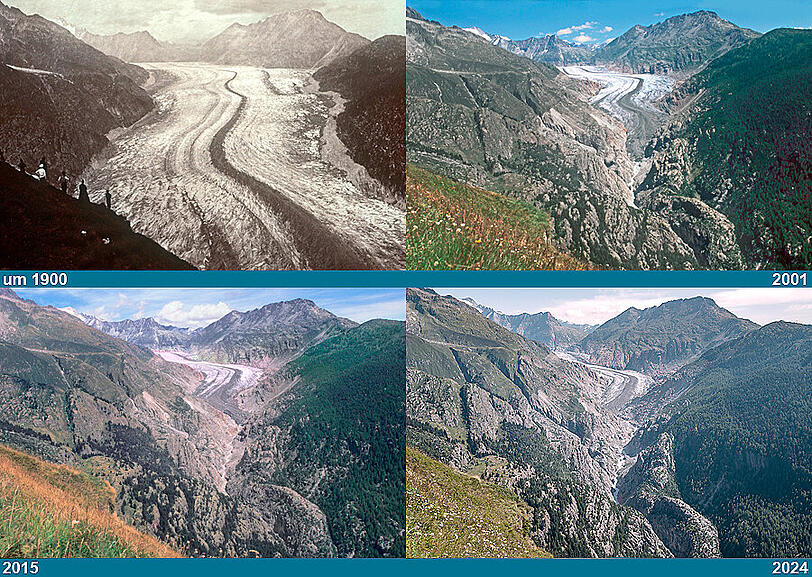 Der Aletschgletscher ist der flächenmässig größte und längste Gletscher der Alpen. Er befindet sich im Schweizer Kanton Wallis. Doch auch er schmilzt, wie die Bilder um 1900, 2001, 2015 und 2024 belegen.